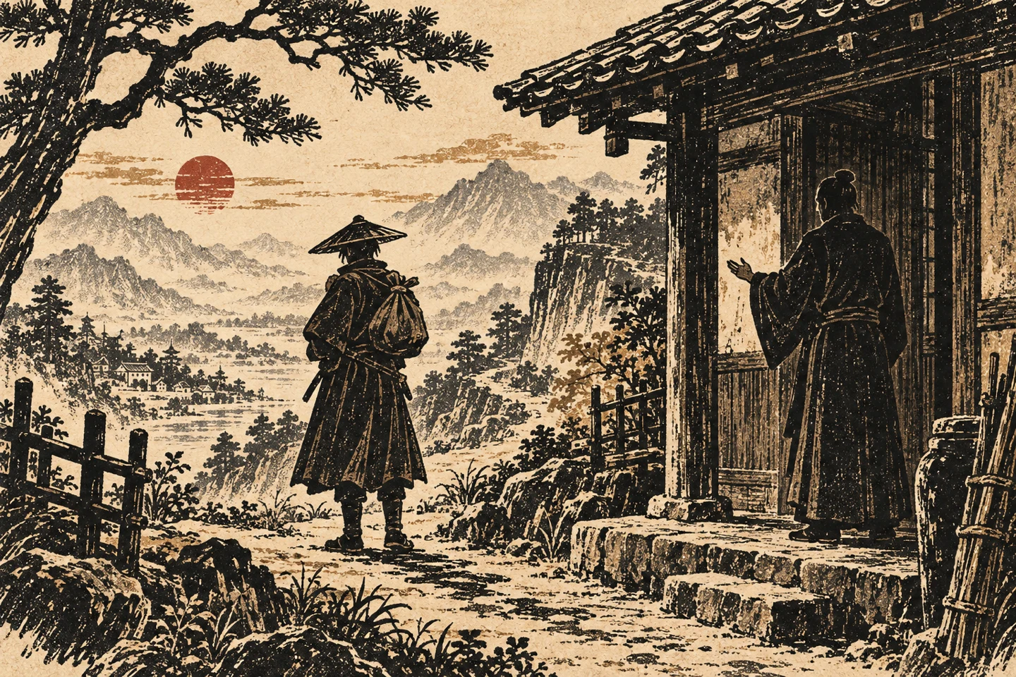 游戏场景原画：旅人在山间屋舍前与前辈告别，远处群山与落日相映